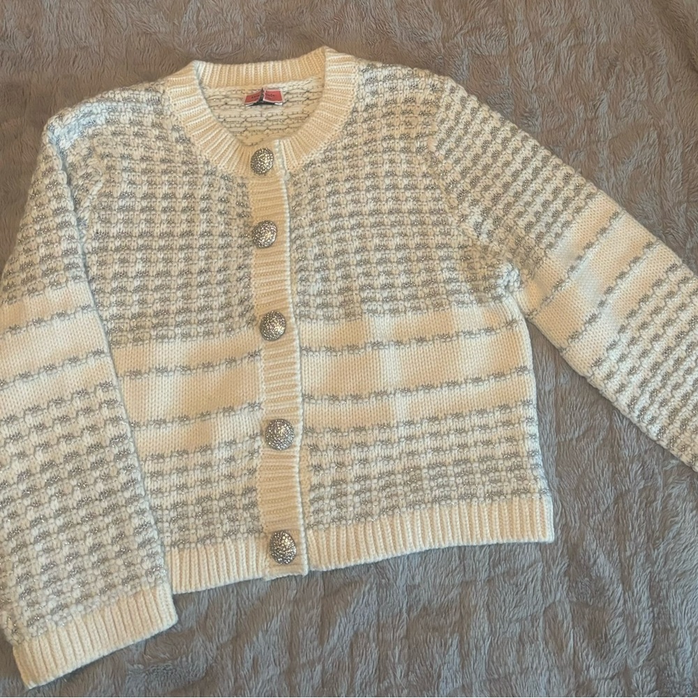 XL Kate Spade Jewel Button White & Silver Striped Cardigan Sweater